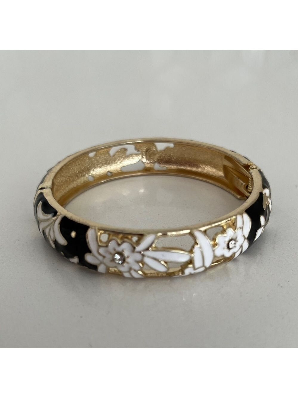 BRACELET Enamel Black White Rhinestone Floral Open Work Hinge Gold Tone Metal